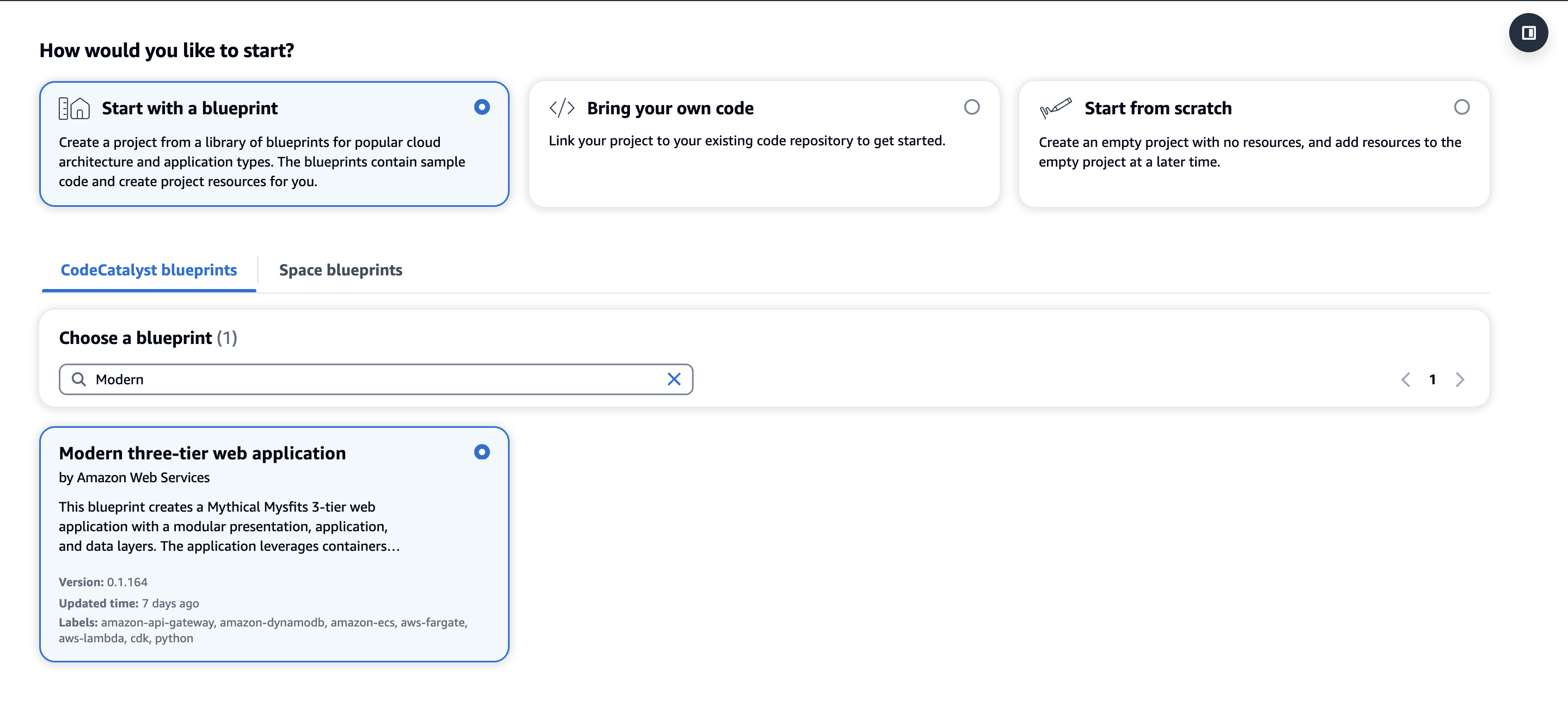 The image shows the interface of the Amazon CodeCatalyst platform, which allows users to create new projects in three different ways. The three options are "Start with a blueprint", "Bring your own code", and "Start from scratch". In the image, the "Start with a blueprint" option is selected, and the "Modern three-tier web application" blueprint is chosen.